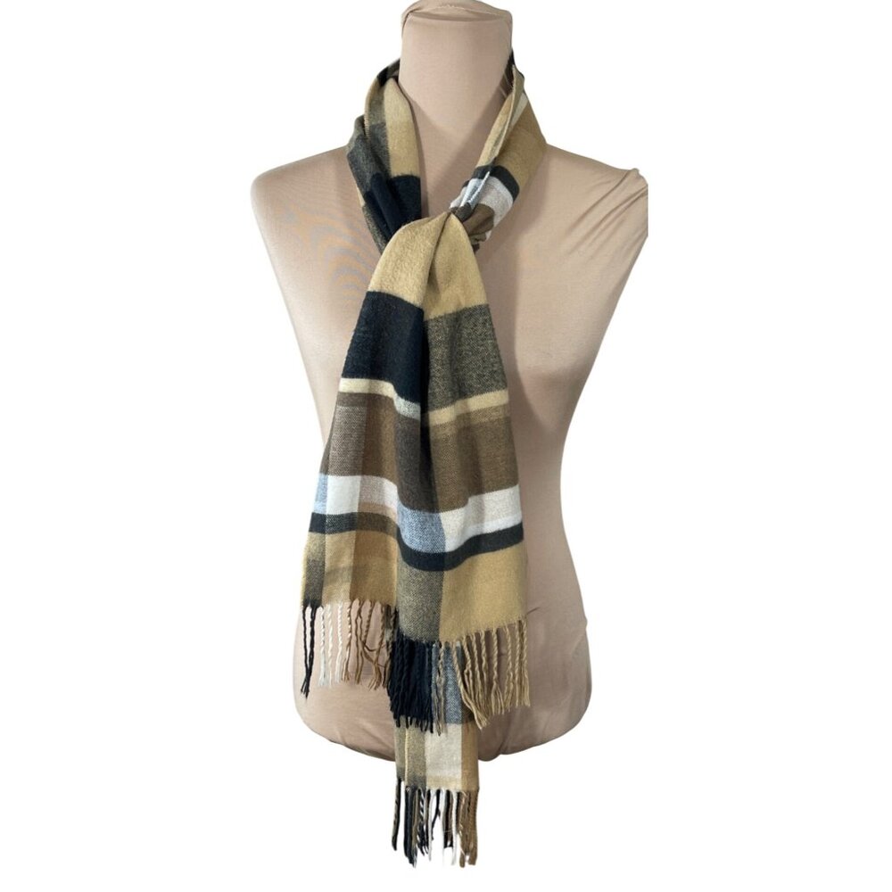 Fraas Cashmink Scarf Tan Black Fringe Tassels Plaid Germany Rectangle